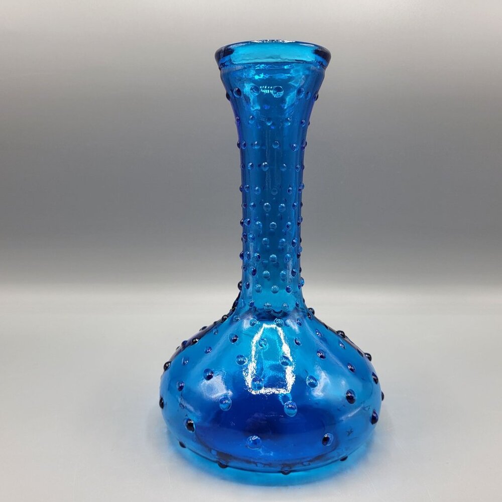 Vintage Vibrant Blue Hobnail Glass Bud Vase Italian Decanter Bubbles 7.5" Tall